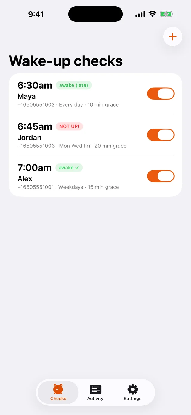 Wake-up checks list showing on-time, late, and missed confirmations