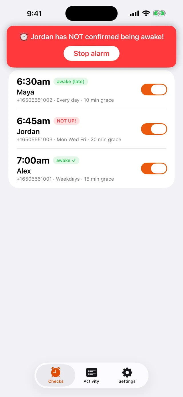 DontOversleep app showing a red alarm: Jordan has not confirmed being awake